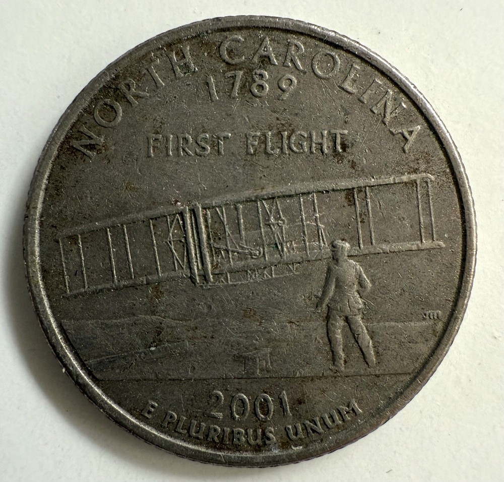 2001-P 25c North Carolina State Quarter Error Missing Clad Full Clad Error