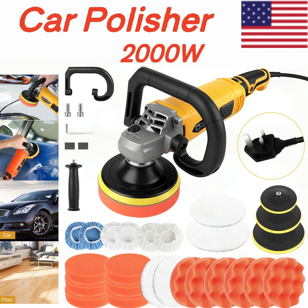 2000W Car Polisher Buffer Sander Variable 7-Speed Wax Machine Sponge Pads Kit