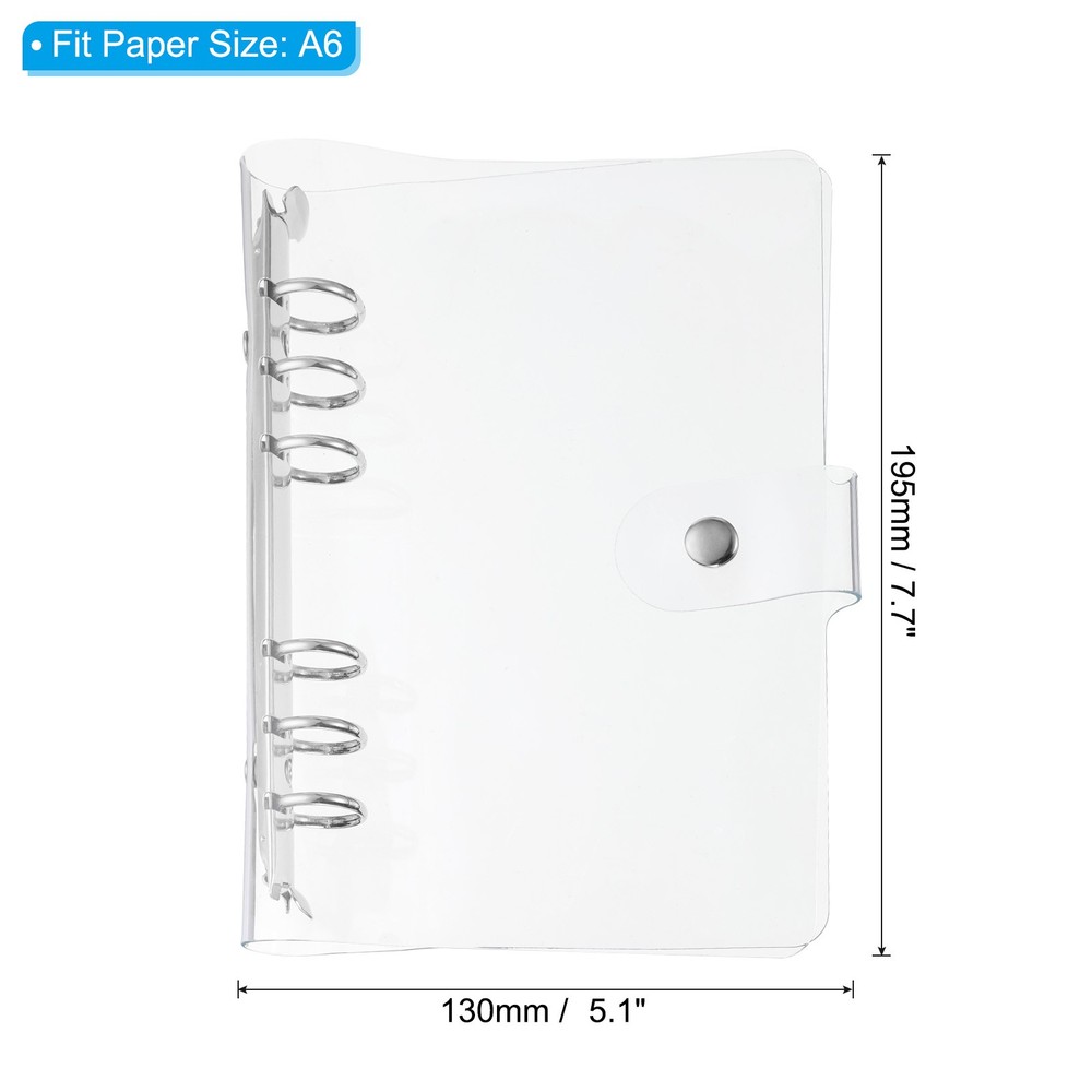 Soft PVC A6 Clear Binder Cover with Snap Button Closure 6 Ring, Silver Tone