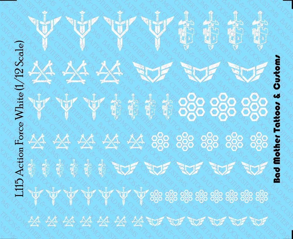 1/12 Scale Custom Waterslide Decals: Action Force inspired Logos WHITE