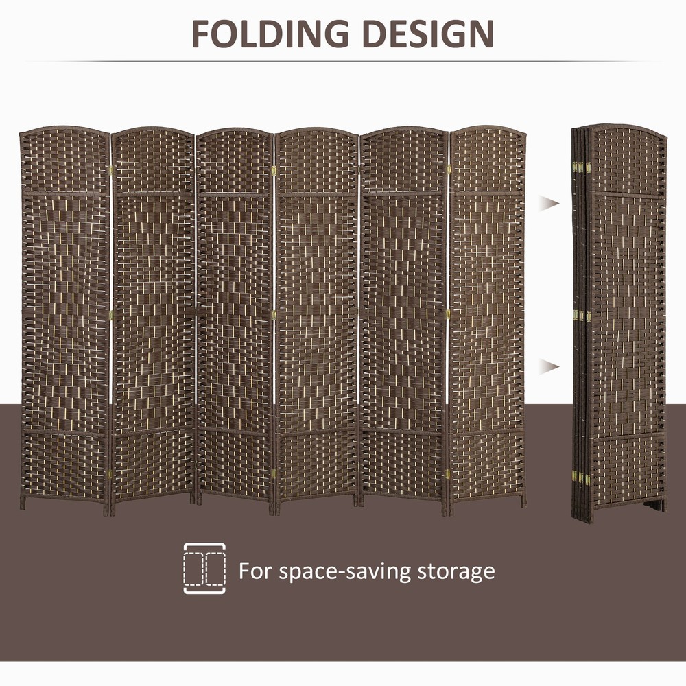 6 Panel Room Divider Hand-Woven Freestanding Partition Brown