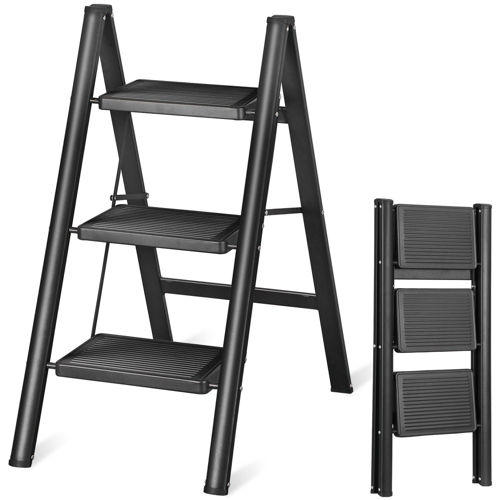 Small Step Three Step Ladder Sturdy Steel Alloy Construction 330 Lbs Black