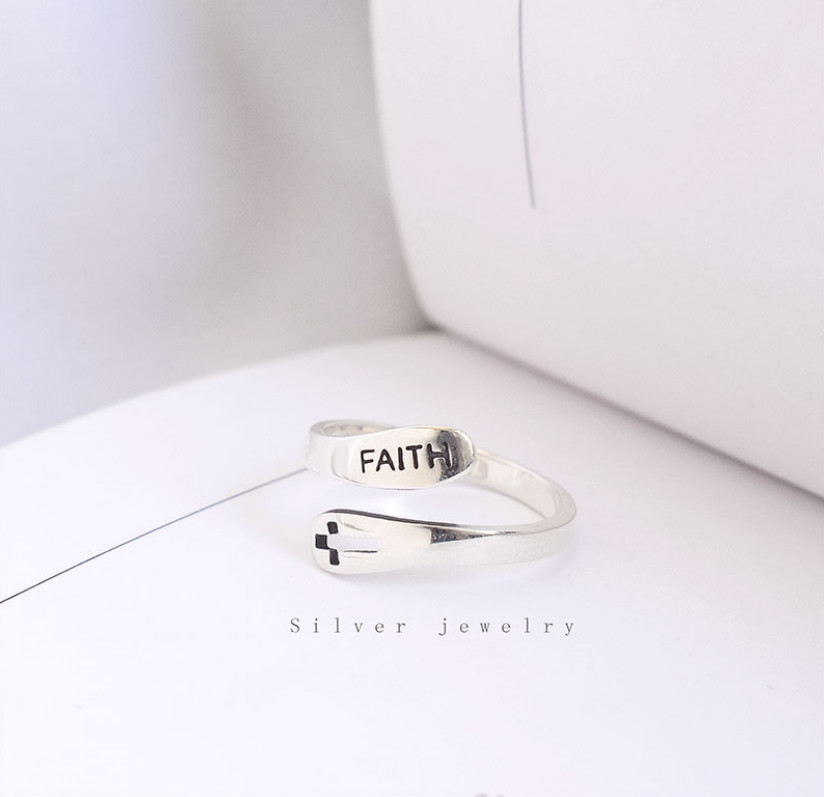 Solid Sterling Silver FAITH Religious Cutout CROSS Ring Open & Adjustable
