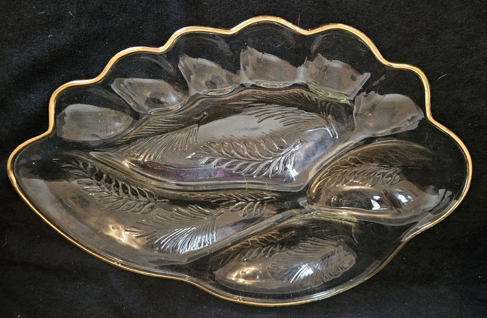 Vintage Divided Serving Tray Deviled Eggs Feather Pattern Clear w/ Gold Trim 17"