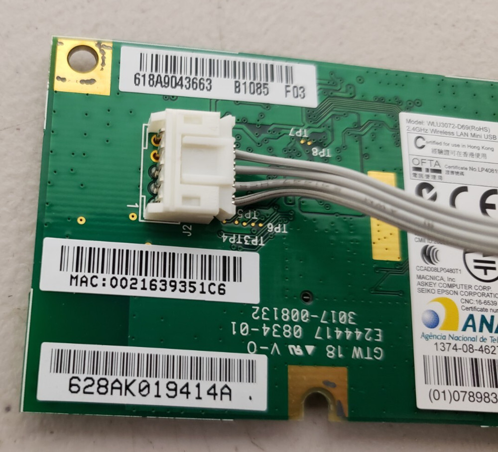 Epson Workforce 600 WLU3072-D69 2.4 GHz Wireless LAN Mini USB Module Board