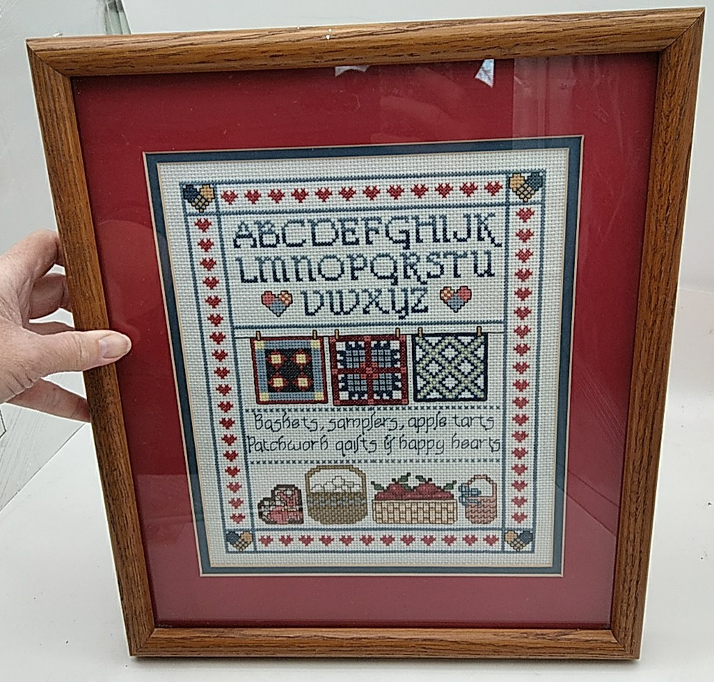 Vintage Framed Matted Completed Cross Stitch ALPHABET SAMPLER Baskets, Quilts +