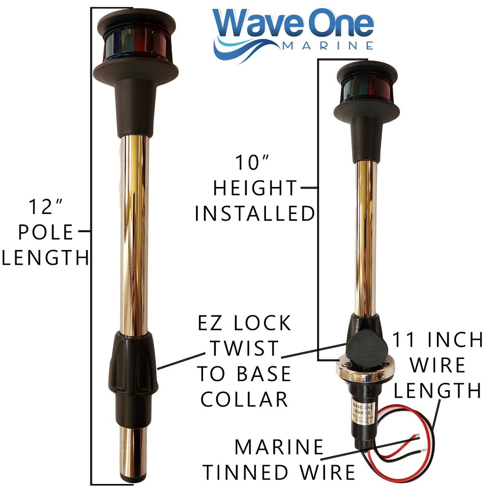 Wave One Marine | Bi-Color Removable LED Navigation Bow Light Pole + Base 12"