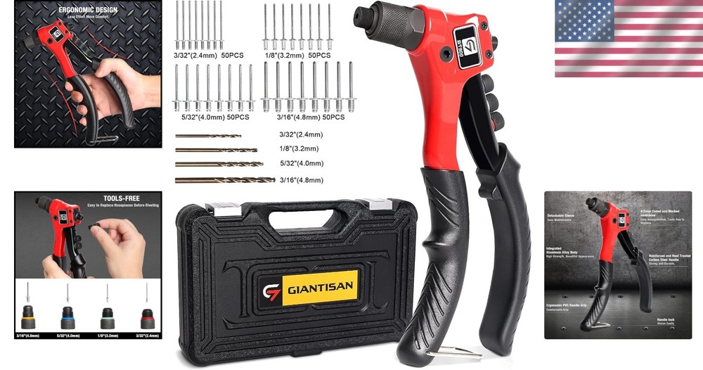 Professional Pop Rivet Tool Kit with Interchangeable Heads & Carrying Case
