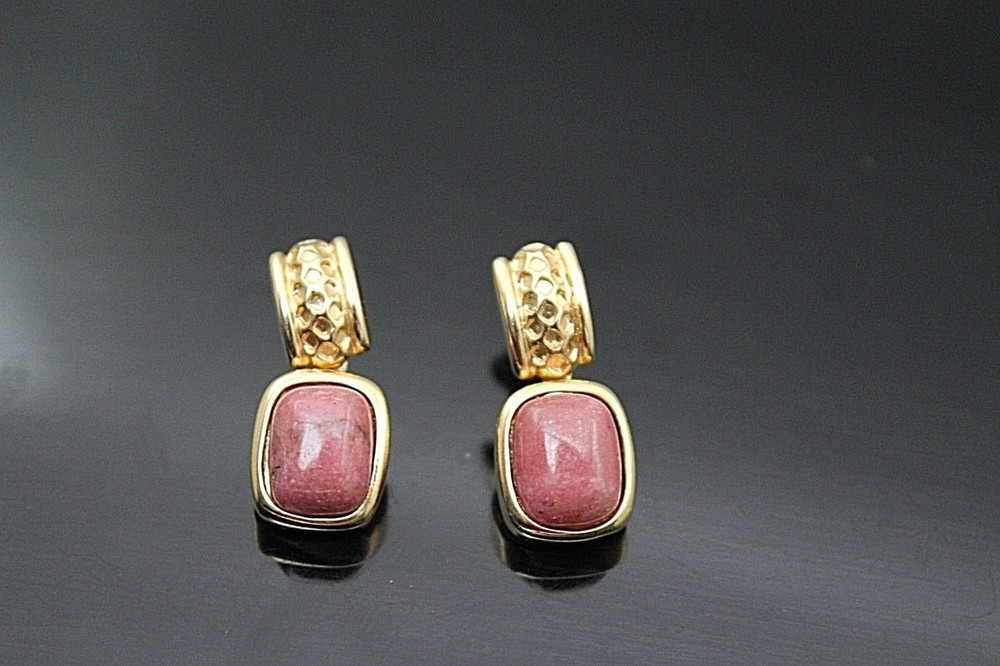 CUTE RHODONITE GOLD PLATED DANGLE POST EARRINGS