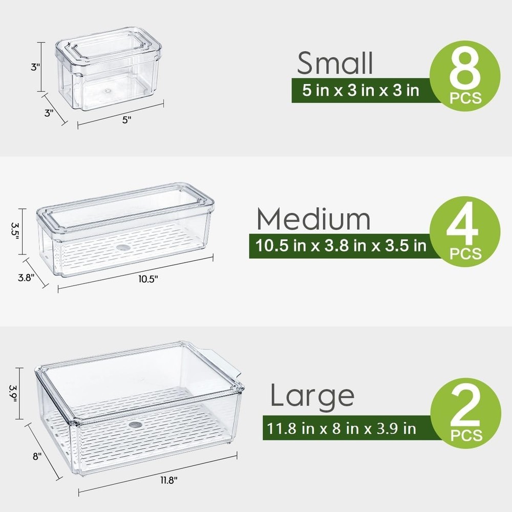 14 Pack Fridge Organizer, Stackable Refrigerator Organizer Bins with Lids
