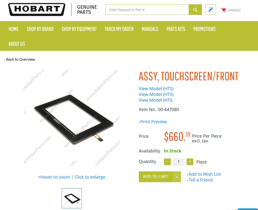 P/N 00-447080 Hobart HTi Front Touchscreen Assembly