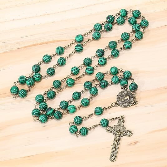 Natural Malachite Stone Rosary Beads Necklace St. Benedict Cross and Medal