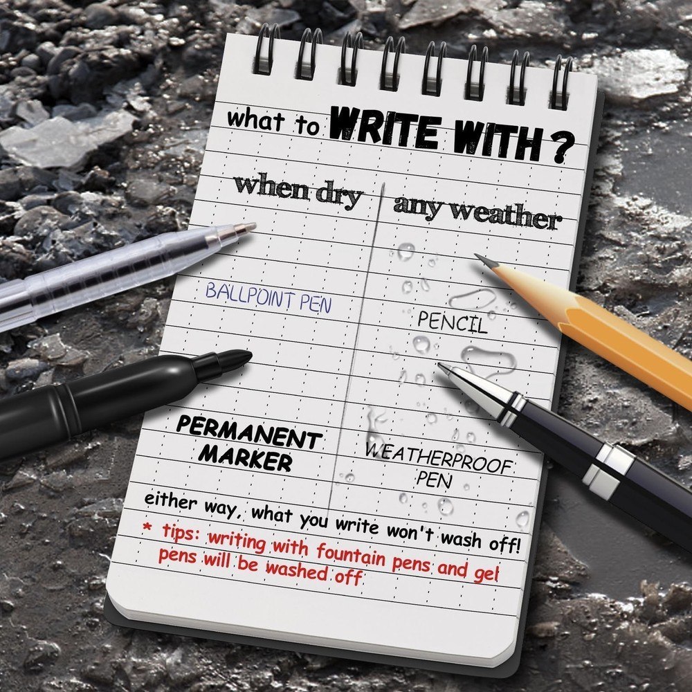 Waterproof Notepad 3x5, 4 Pack, Spiral Bound, SquaBlack Pages, Black