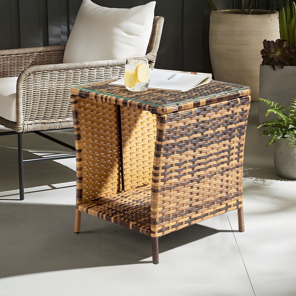 Brand New Glass Surface Yellow Gradient Iron Frame Rattan Side Table --