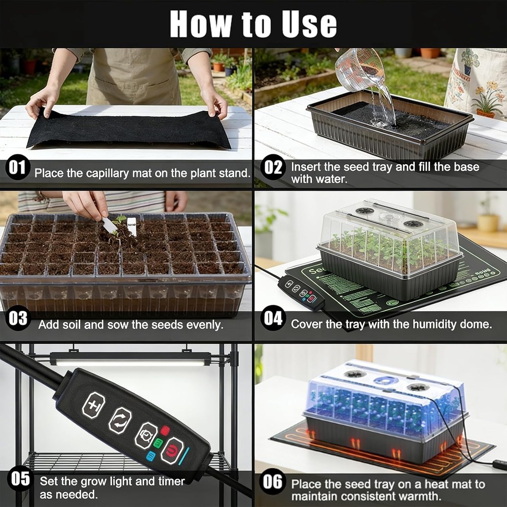 60-Cell Seed Starter Kit with Auto Timer, Grow Lights & Humidity Domes