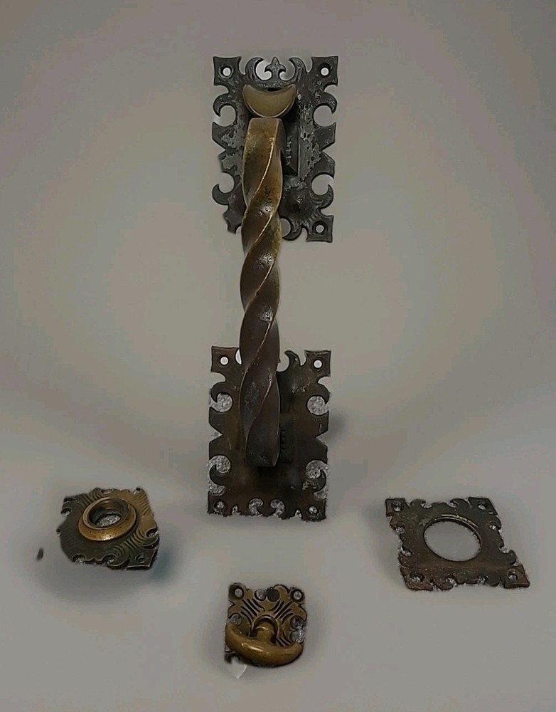 Antique Victorian 10"  Brass Twisted Bar Door Pull Handle Set with Backplates