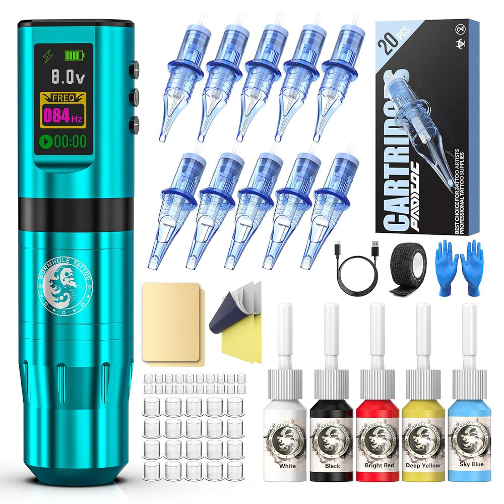 Wireless Tattoo Machine Kit - Smart Display, 10 Needles, 5 Inks, 4-5H Use