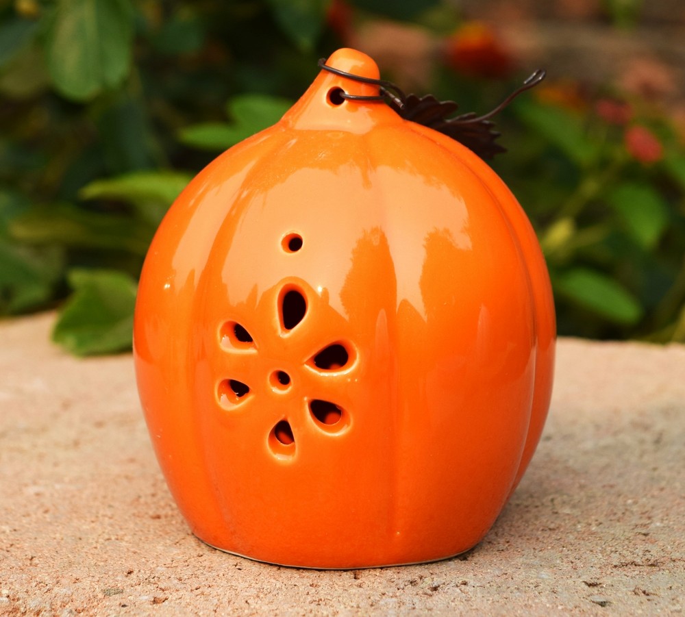 Ceramic Orange Pumpkin with Metal Maple Leaf Fall Table Decor