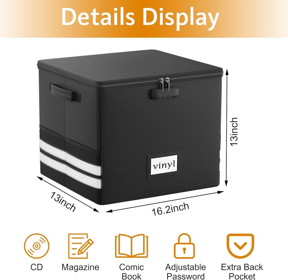 Vinyl Record Storage Box with Lock - Fireproof Waterproof 12" Record Organizer