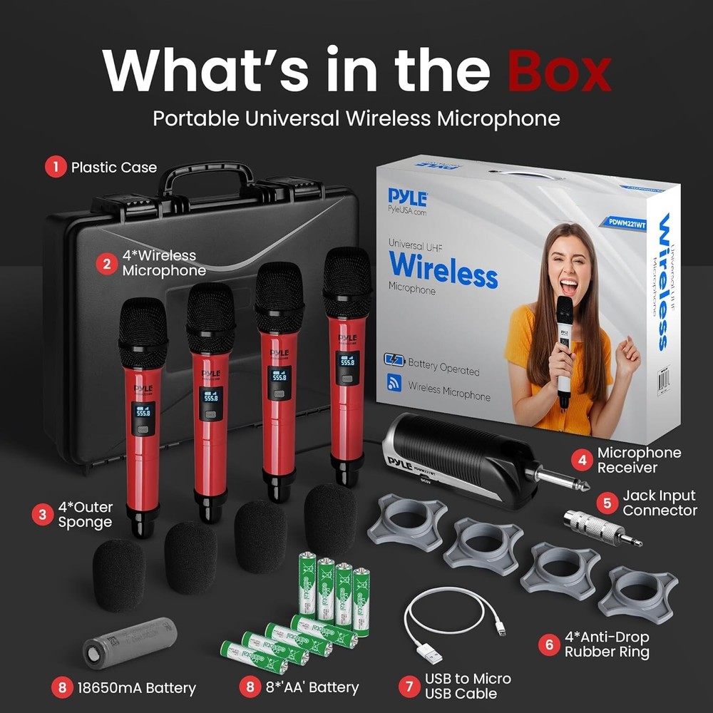 Pyle Portable UHF Band Receiver System, 4 Channel Wireless Microphone System