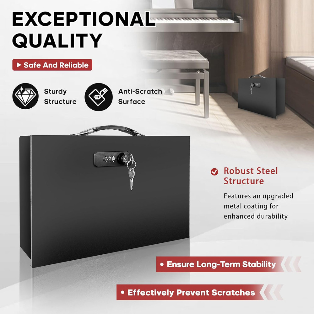 Fireproof Lock Box with Key and Combination Lock, Fire Safe Document Box, Portab