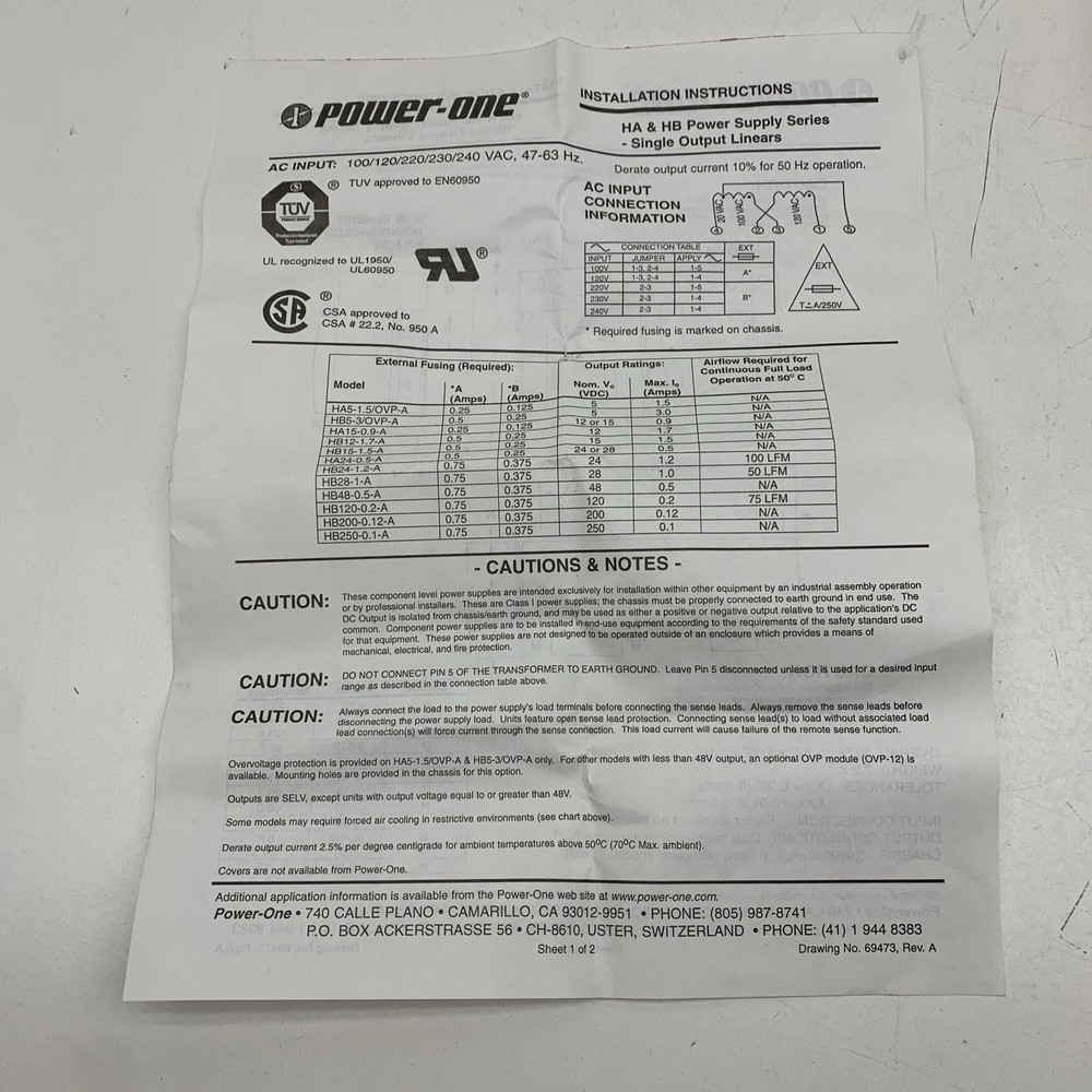 Power-One HB24-1.2-A Linear Power Supply 24VDC 1.2A