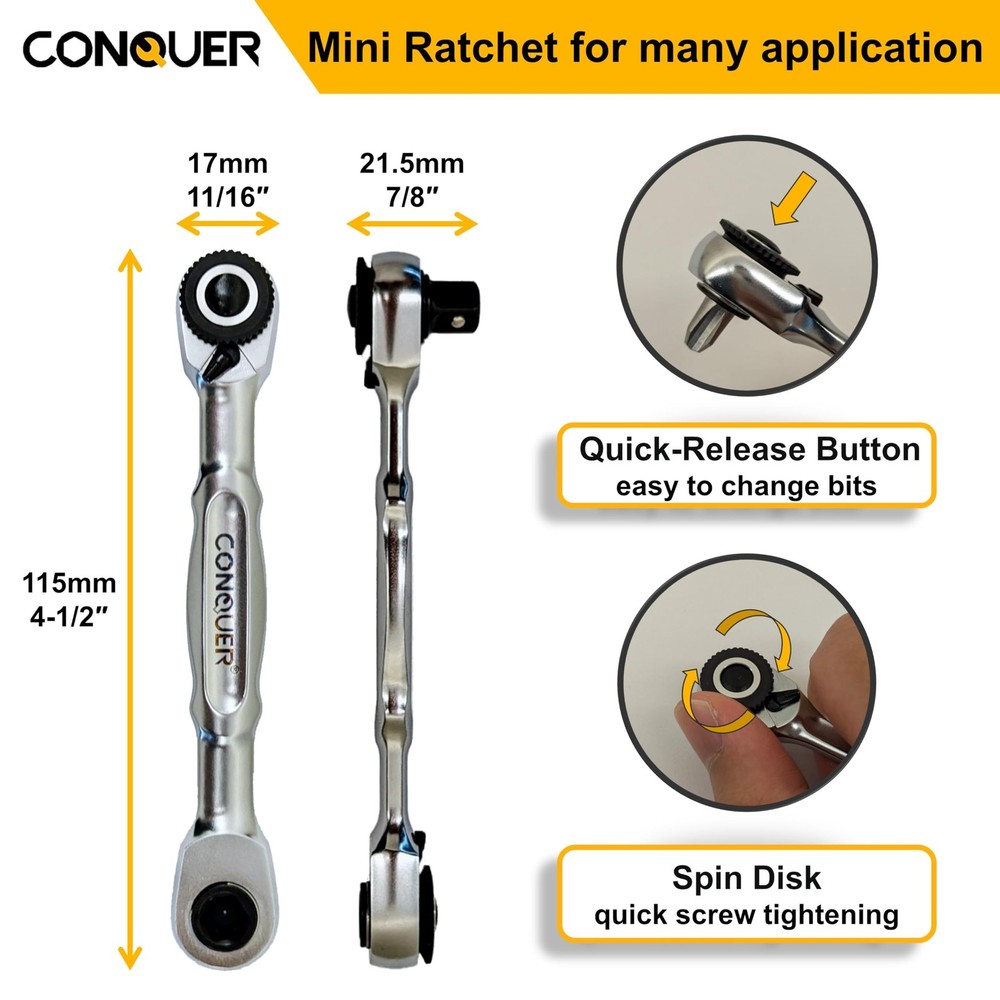 CONQUER Mini Combo Dual Ratchet Wrench with 1/4" Square Drive and Bit Silver