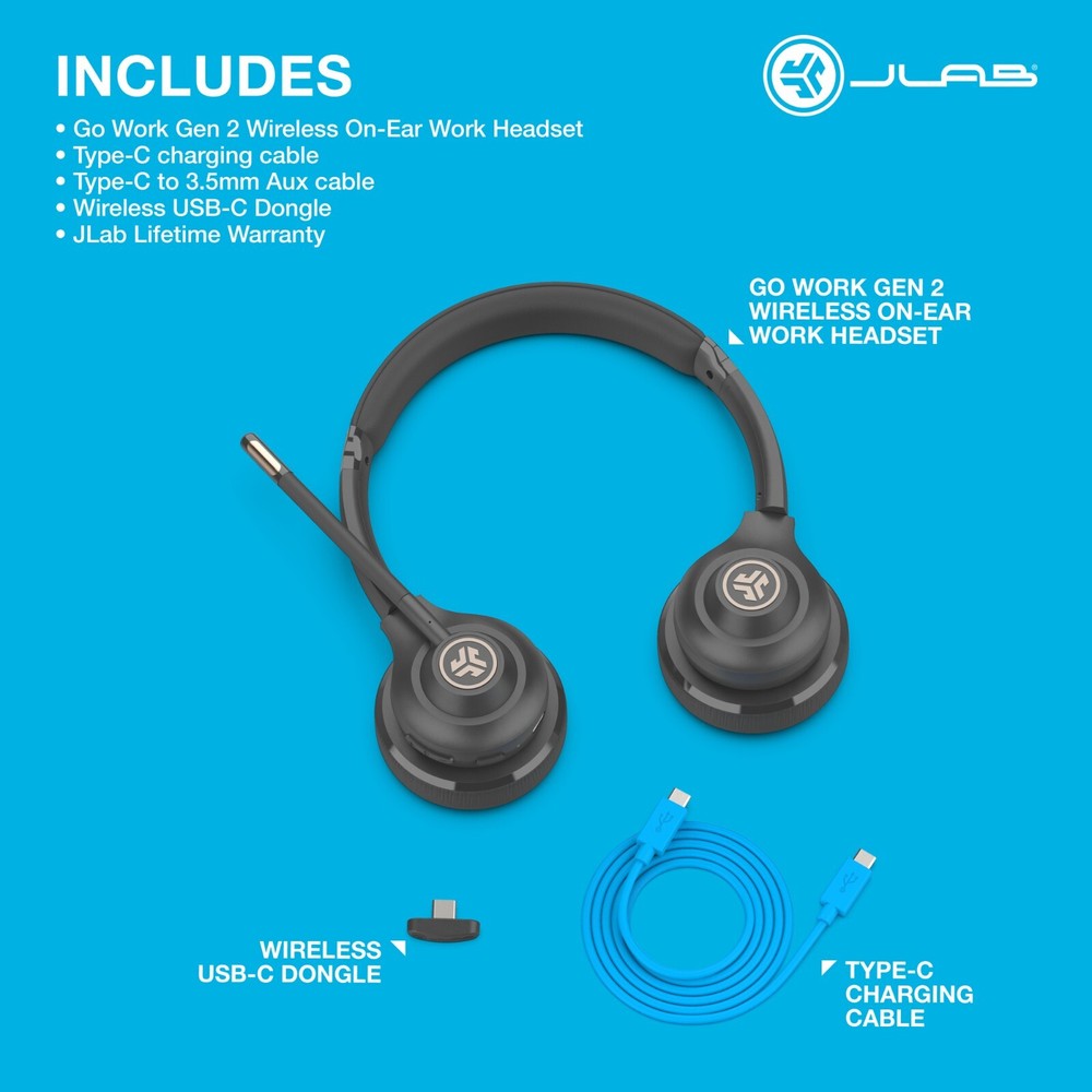 JLab GO Work Wireless On-Ear Headset Gen 2, USB DONGLE Connection, Refurbished