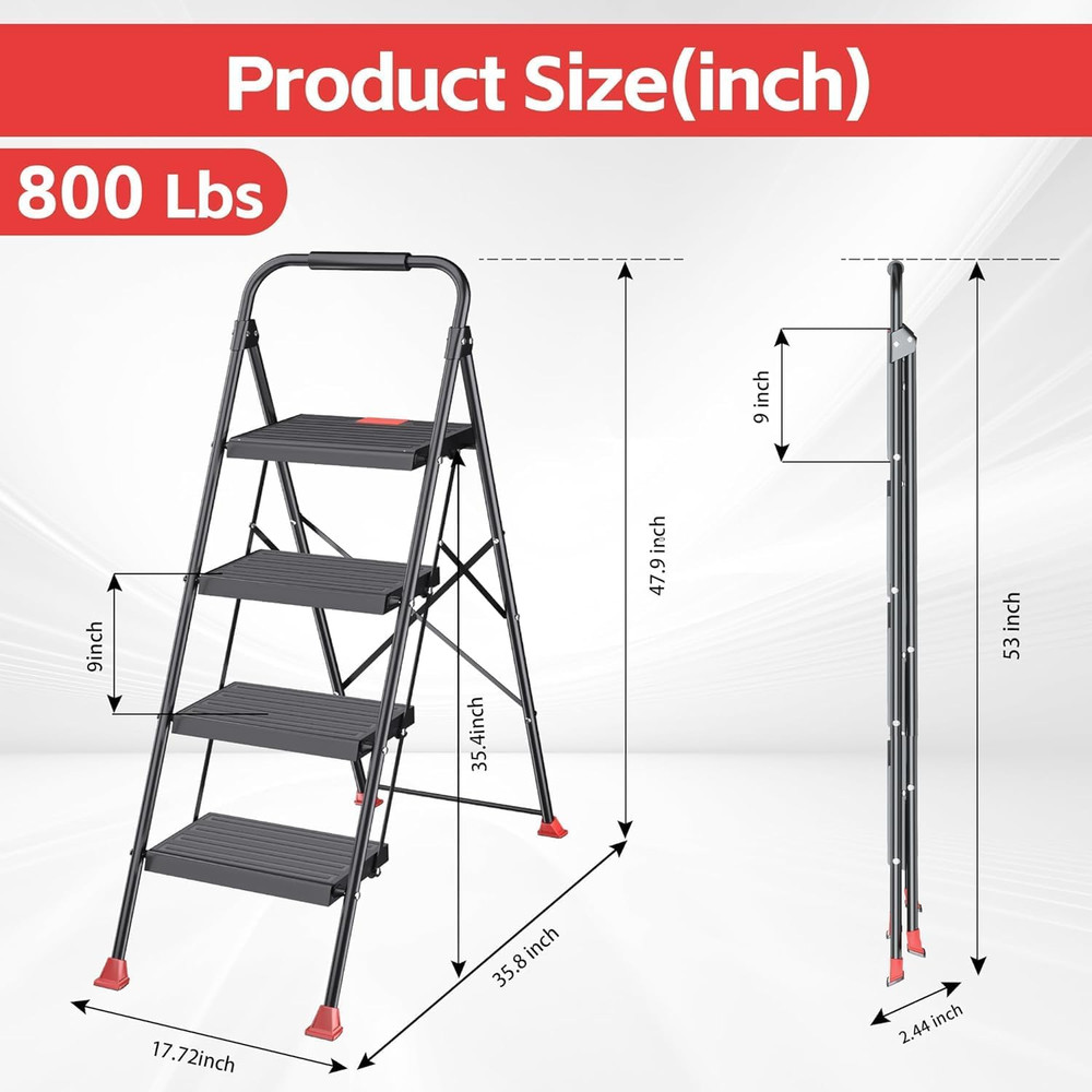 Foldable Step Ladder Folding Stool - 4 Stepping Extension Tall Heavy Duty with H