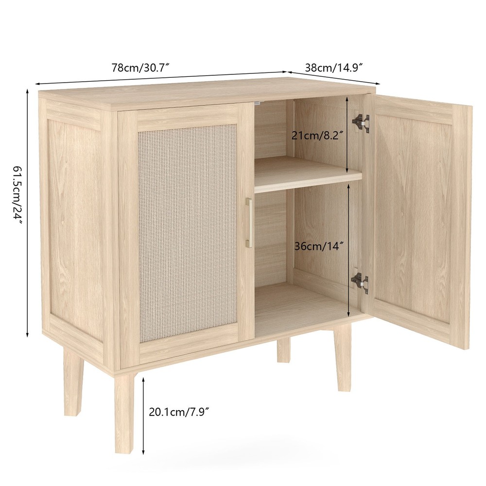 Buffet Cabinet With Rattan Decor Doors Solid Wood Feet Multifunctional PHPF