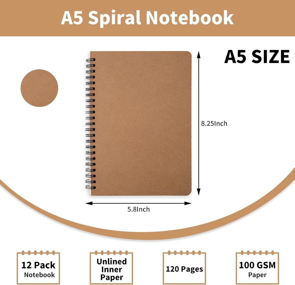 12 Pack A5 Spiral Notebook Soft Cover Blank Journal Notebook for Office School
