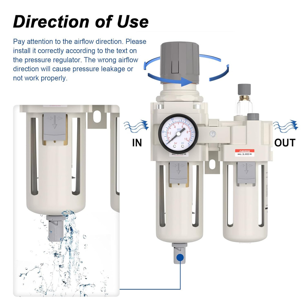 3/4" NPT Compressed Air Filter Regulator Lubricator Combo, Air Compressor Water