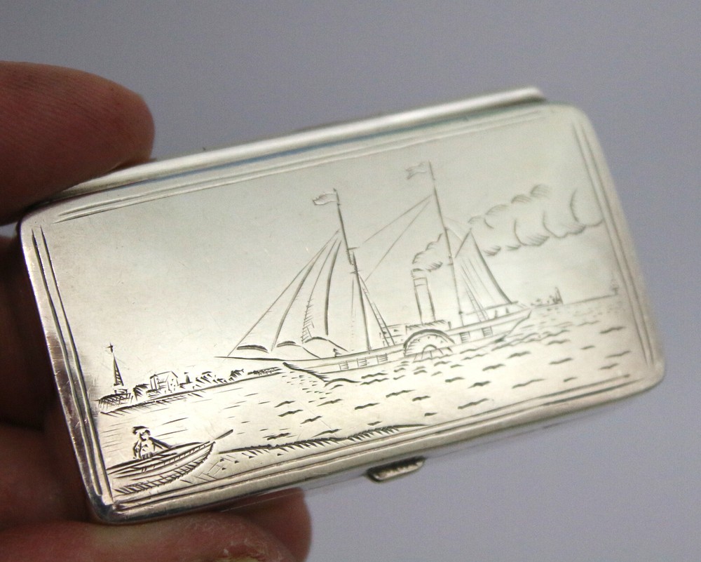 Sterling solid silver stamp box with paddle steamer engraving Elizabeth II