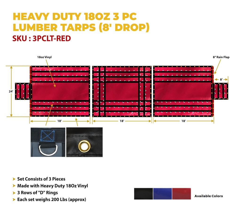 Heavy Duty 18oz 3 Pc Lumber Tarp (8' Drop) - Red