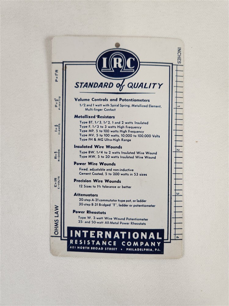 IRC RMA Standard Resistor Color Code Chart ~ Adopted November 14, 1939
