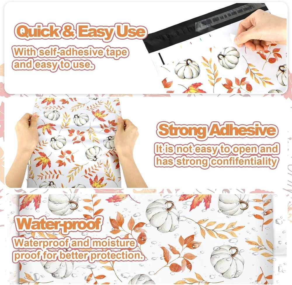 100Pcs Fall Poly Mailers 10 X 13 Inch Watercolor Pumpkin Pattern Envelope Mailer