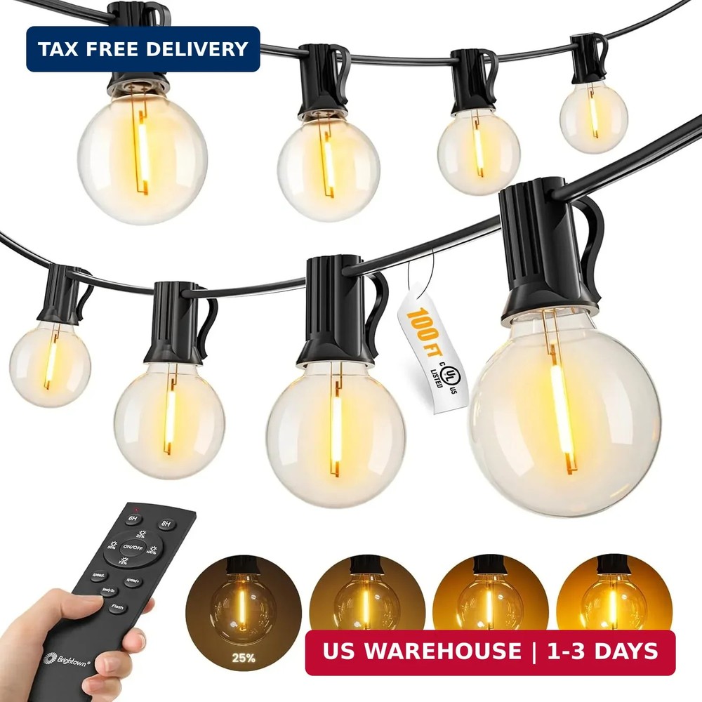 Outdoor String Lights with Remote, 100Ft Outside Waterproof Light with Dimmable