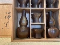 Bizen ware sake set, 2 sake bottles, 5 choko cups, same box