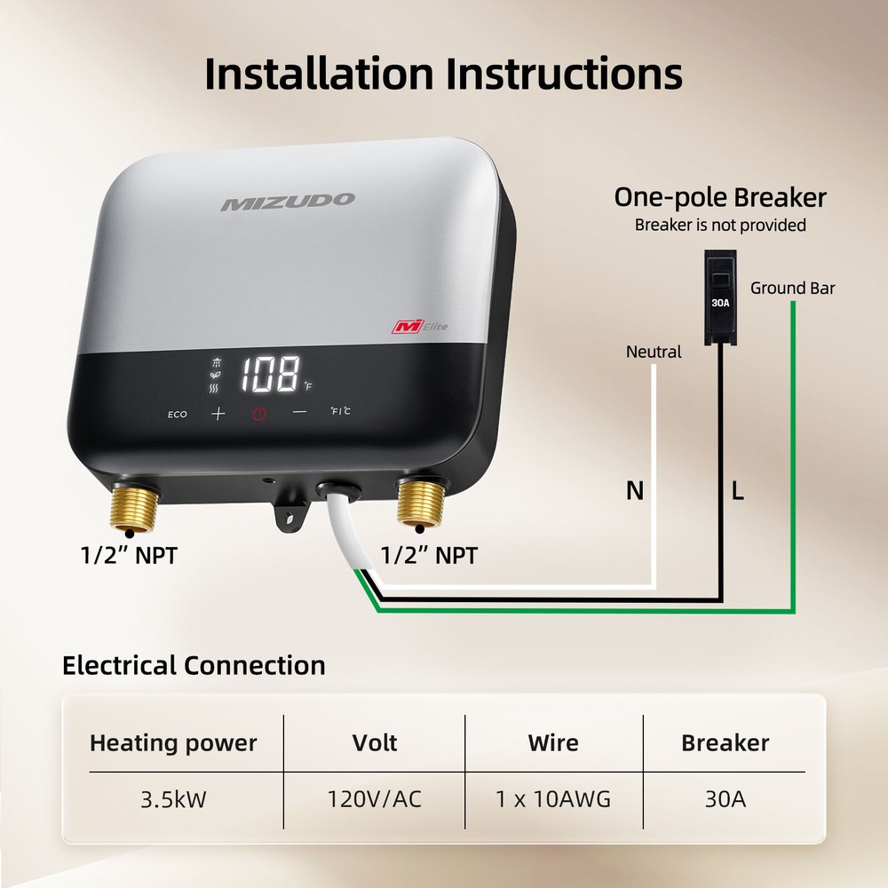 120V 3.5kW Instant Hot Water Heater LED Display Under Sink Tankless Electric