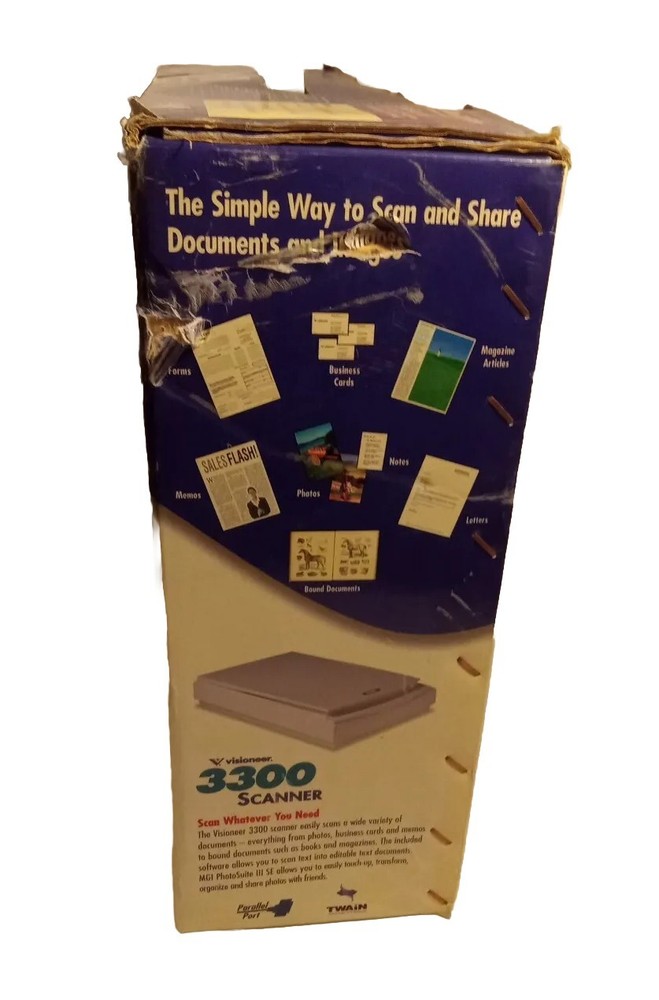 VISIONEER 3300 FLATBED SCANNER - NEW IN BOX - PARALLEL PORT, COMPLETE.