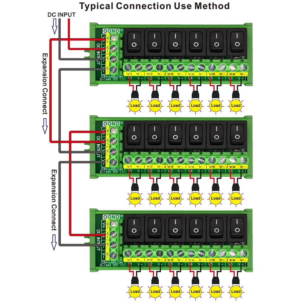 DIN Rail Mount 6 Channel Rocker Switch DC Power Distribution Strip Module