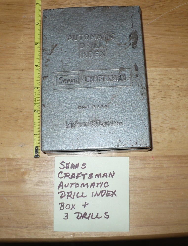 Vintage Sears Craftsman Automatic Drill Index Toolbox & 3 Drill Bits