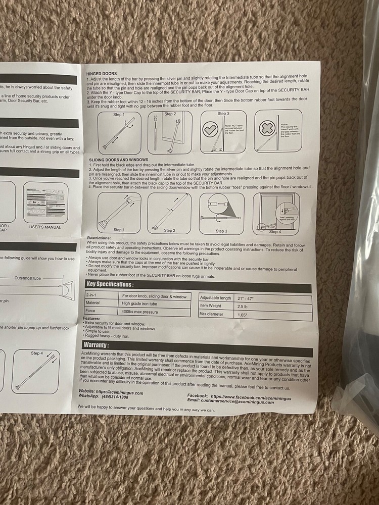 Acemining Adjustable Door and Windows Security Bar