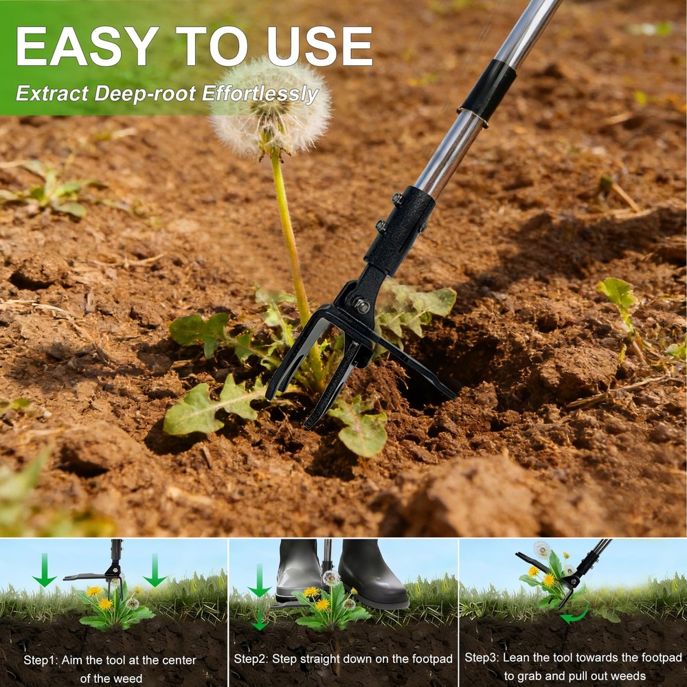 Weed Puller Tool Stand Up Hand Weeder with Adjustable 4 CLAWS, Black