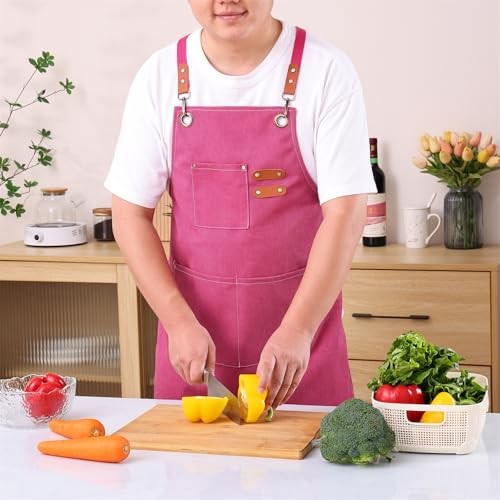 Chef Apron Medium-Thick Cotton Canvas,Cross Back with Multiple Pockets Pink