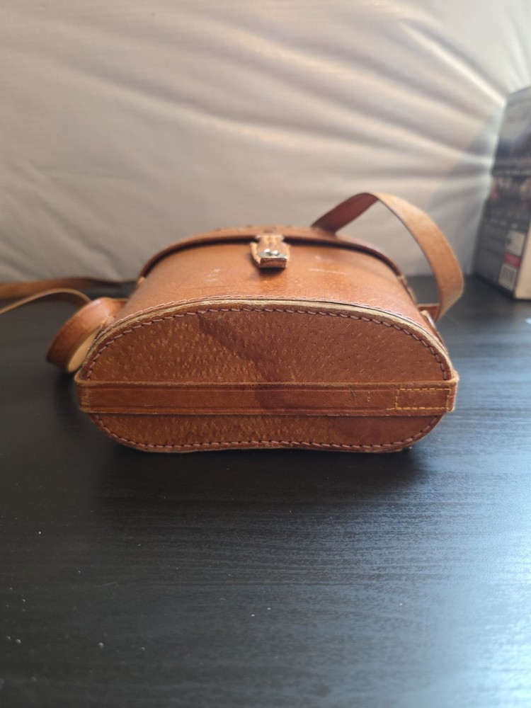 Vintage Brown Leather Binocular Case, Red Lining With Binoculars