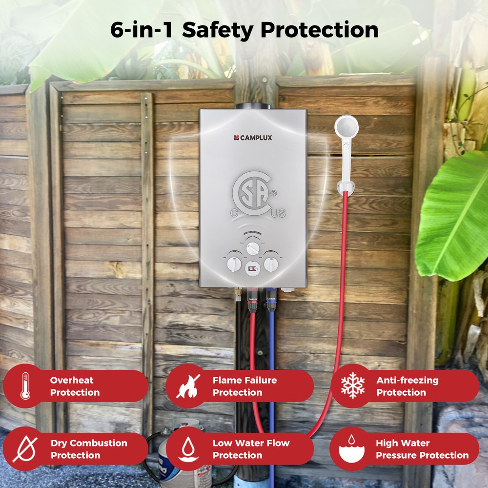 Camplux 8L Tankless LPG Gas Water Heater Outdoor Washing Instant Hot Shower Kit