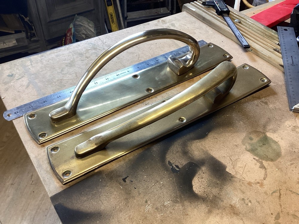 RECLAIMED SOLID BRASS DOOR PULLS PUB / SHOP /BANK PAIR
