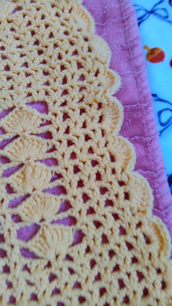 Handmade Crocheted Yellow Afghan Scalloped Edge