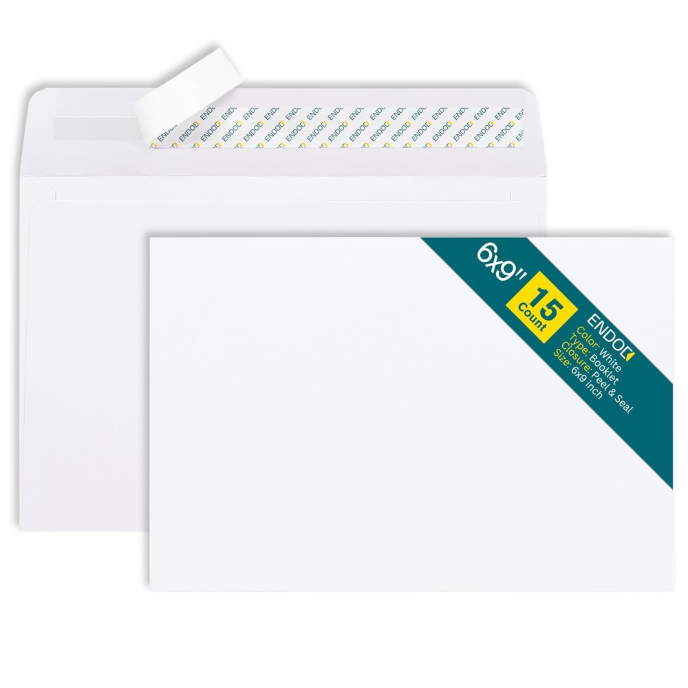 6x9 Open-Side Envelopes - 15 Pack - White, Self-Seal, Peel & 6 x 9, White